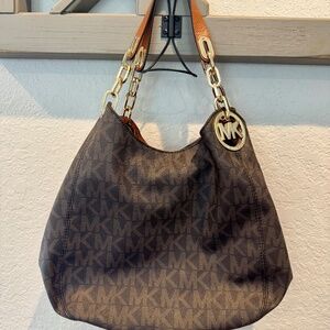 Michael Kors Fulton Large Shoulder Bag Hobo MK Logo Signature Purse Gold Used 1X